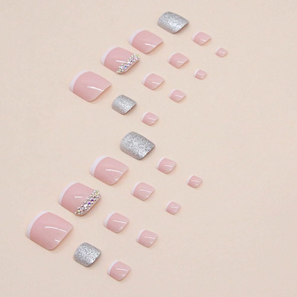 WAFOLOZE Press on Toenails Fake Toe Nails,Short Toe Nail Press ons,Glossy Toe Nails Press on Glitter&Rhinestones Design,Artificial Toenail Press on nails White French Tip Toe Nails for Women 24Pcs