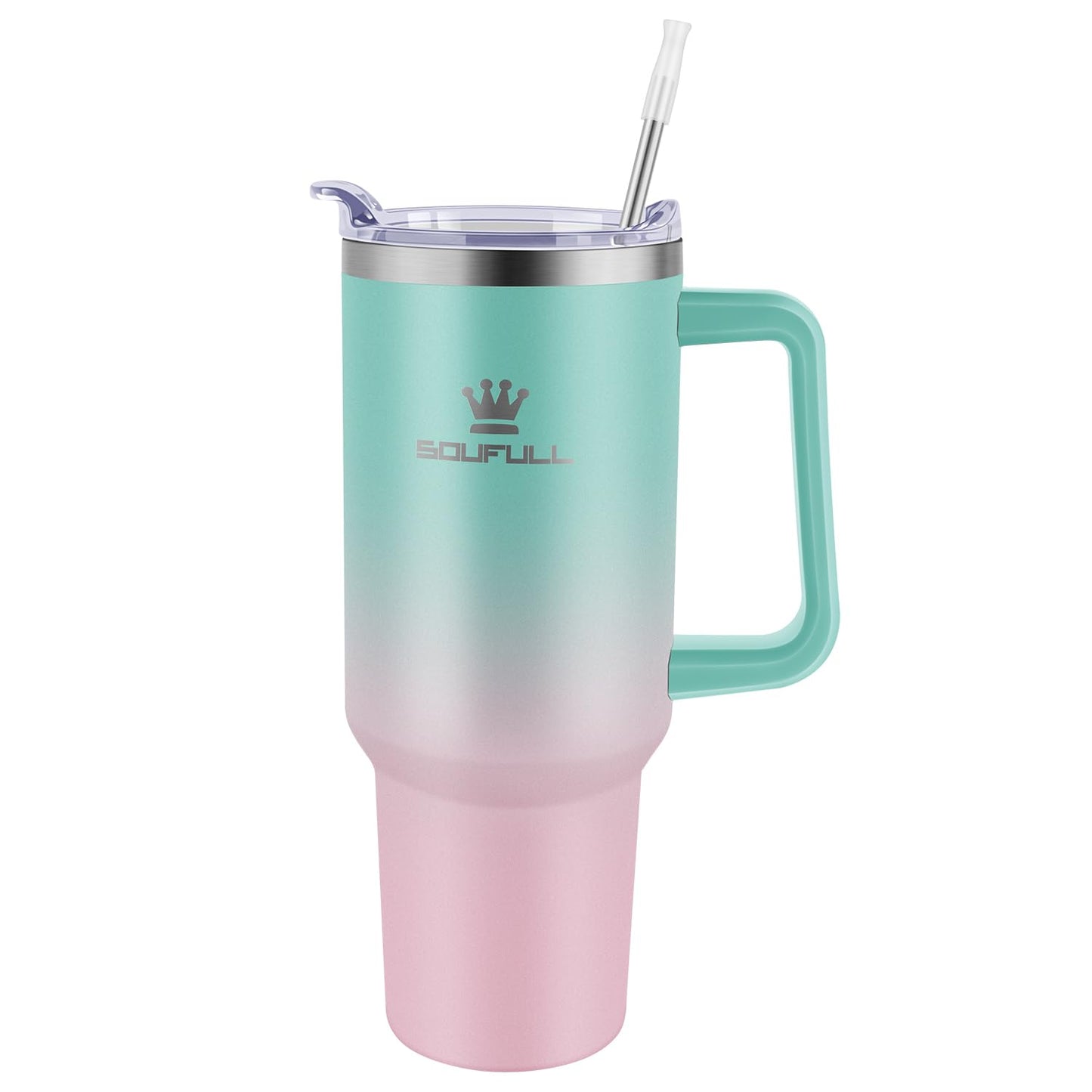 40 oz Tumbler with Handle and Straw Lid, 100% Leak-proof Travel Coffee Mug, Stainless Steel Insulated Cup for Hot Cold Beverages, Keeps Cold for 34Hrs or Hot for 10Hrs, Dishwasher Safe (GreenPink)