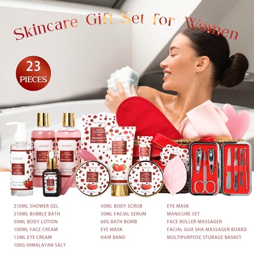 Luxury 22 pcs Rose & Strawberry Valentines Day Gift for Women, Bath and Body Basket Gift, Face Skin Care Kit, Home Spa Self Care, Eye Cream, Birthday, Christmas, Mother, Bridal Shower, Anniversary