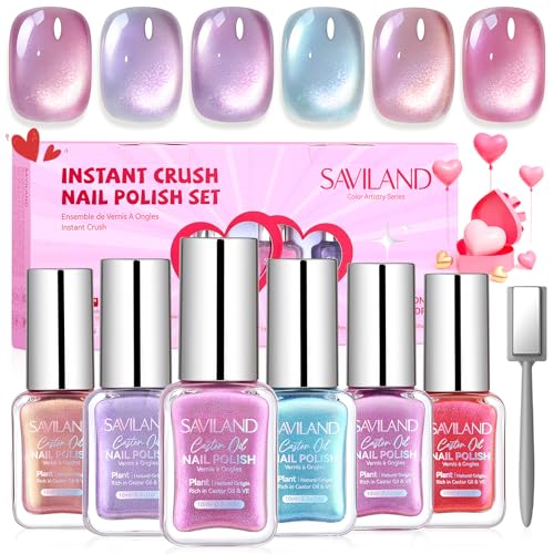SAVILAND Valentine Magnetic Nail Polish Set 6 Romantic Pink & Lilac Colors, 0.34 Fl oz Each, Cat Eye Effect, Quick Dry, Long Lasting