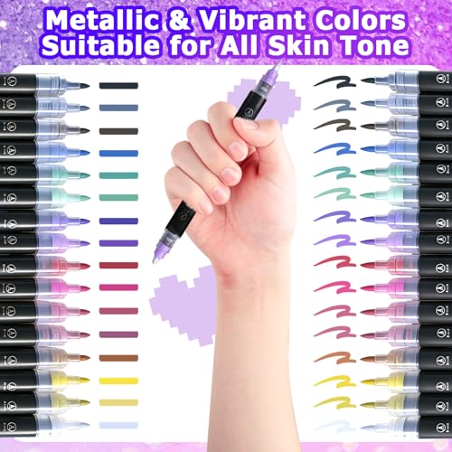 Temporary Tattoo Markers with Stencils - 16 Dual-End Pens + 12 Reusable