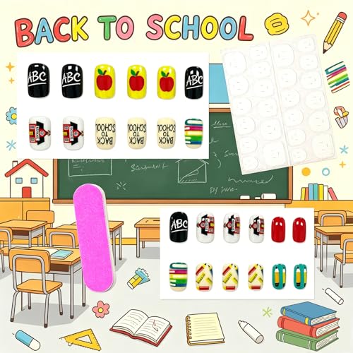 Back to School Press On Nails - 24 Pcs Cute School Design
