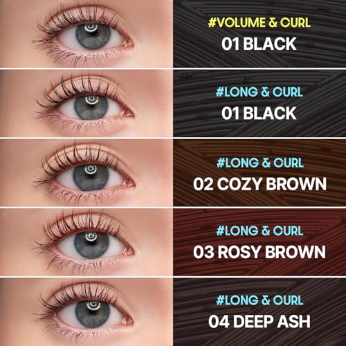 COSNORI Perfect Setting Waterproof Mascara Long&Curl 02 Cozy Brown ? Long Lasting Smudge - Brown Mascara - Soft Definition for Blue & Green Eyes - K Beauty - 0.23fl oz (7ml)