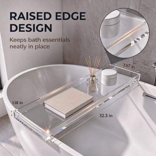 CXNGD Bathtub Tray Table, Clear Acrylic 32.3 x 7.9 x 1.2in, Anti-Slip Bath Caddy for 2