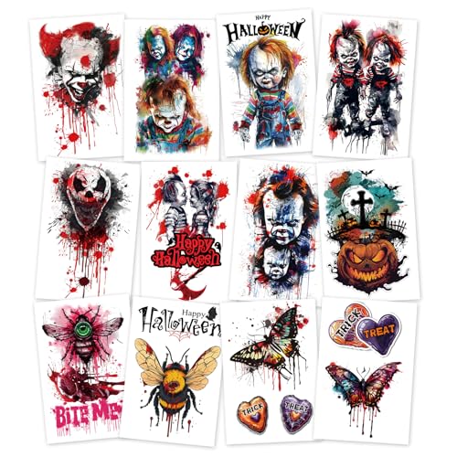 12-Sheet Halloween-Themed Temporary Tattoo Stickers ? Scary Fake Tattoos for Halloween, Cosplay, and Festivals ? Perfect for Kids and Adults
