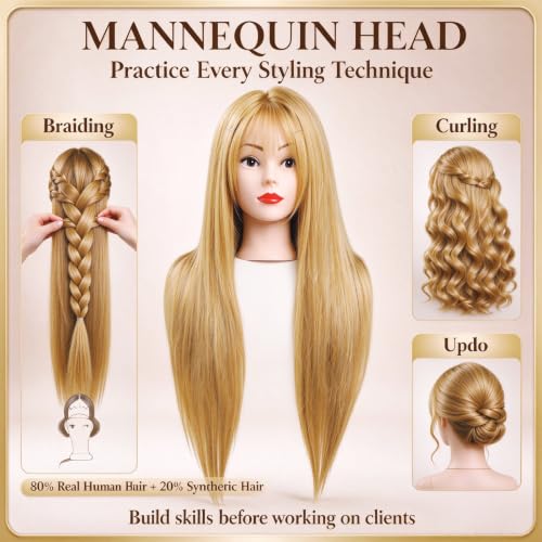 Czrleaty 28" Light Auburn Real Hair Mannequin Head for Braiding & Styling
