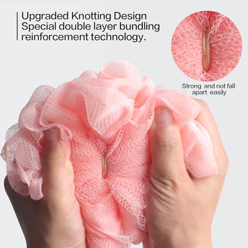 Fishent Loofah Bath Sponge, Pack of 4 Pink Soft Mesh Shower Puff