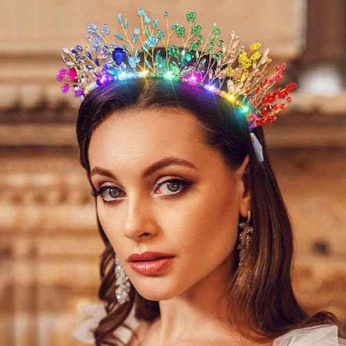 Woeoe Light Up Crystal Headband Colorful Beads Crown Carnival Headpiece with Combs Festival Prom for Women