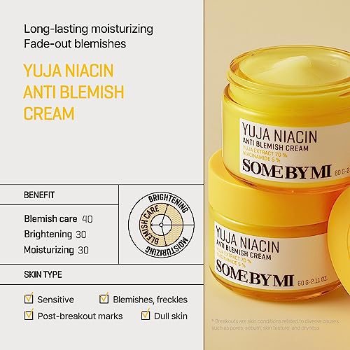 SOME BY MI Yuja Niacin Anti Blemish Cream ? 2.02oz, 60ml ? Korean 5% Niacinamide Face Moisturizer to Brighten Dull-Looking Skin ? Dark Spot Remover with Alpha-Bisabolol for Face ? Korean Skin Care