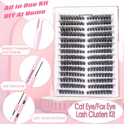 DAODER Fluff Lash Clusters Kit 80D Cat Eye Lash Extension Kit 8-16mm Wispy Eyelash Clusters Kit Volume Individual Lashes D Curl with Bond Seal Remover