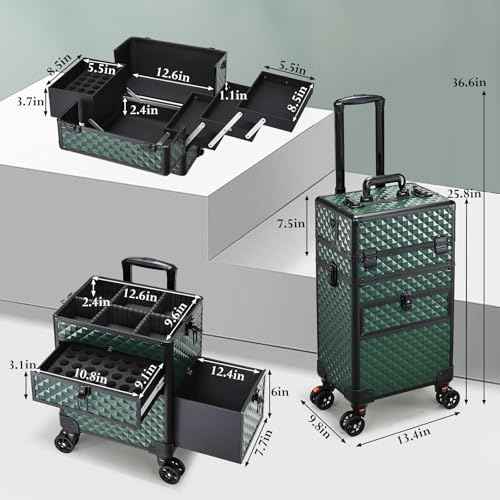 Joligrace Rolling Makeup Case with Wheels & Drawers Large Professional Cosmetology Trolley Case Travel Cosmetic Storage Train Cases for Nail Technicians, Makeup Artist and Hairstylist Dark Green