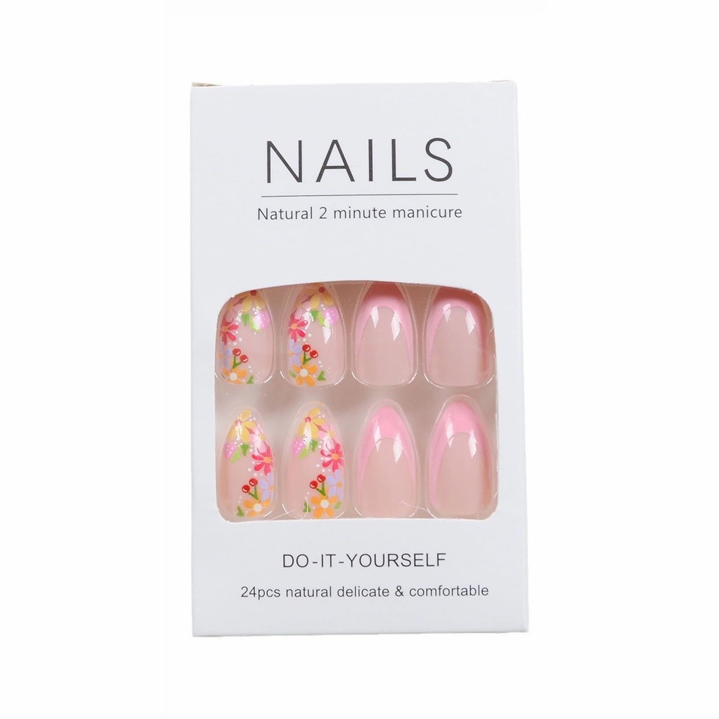 MISUD Press on Nails Medium Almond Fake Nails Glossy Glue on Nails Summer Flower Acrylic Nails Stiletto Artificial Nails Pink French Tip Stick on False Nails with Design 24 pcs