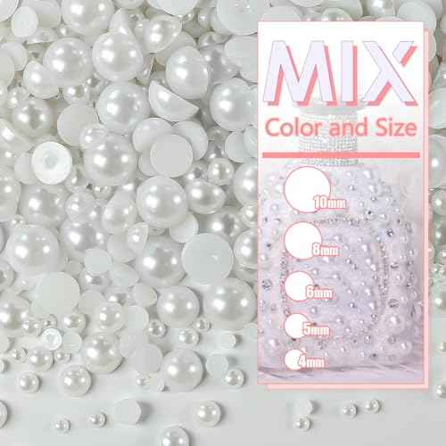 51g White Half Pearls for Crafting 4mm 5mm 6mm 8mm 10mm Mix Sizes Pure White Flatback Round Beads Charms for Nails Face Eyes Makeup Tumblers Bottles DIY Crafts Bedazzling Clothes Shoes Phones