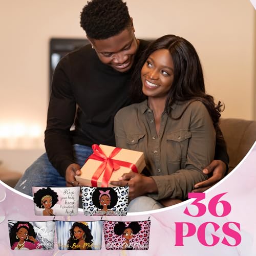 Abbylike 36 Pcs African American Makeup Bags Bulk Gifts Bulk Women Inspirational Afro Toiletry Canvas Cosmetic Bags Zipper Pouches for Travel Women Gifts 18 Styles