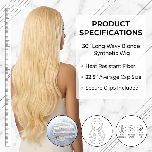 Long Wavy Blonde Wigs for Women - Natural 30 Inch Curly Middle Part Synthetic Hair for Daily & Party Wear