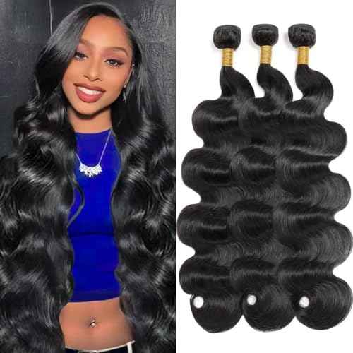 12A Human Hair Bundles 20 22 24 Inch Body Wave 3 Bundles Human Hair 100% Unprocessed Brazilian Virgin Hair Bundles Quick Weave Hair Extension Natural Black