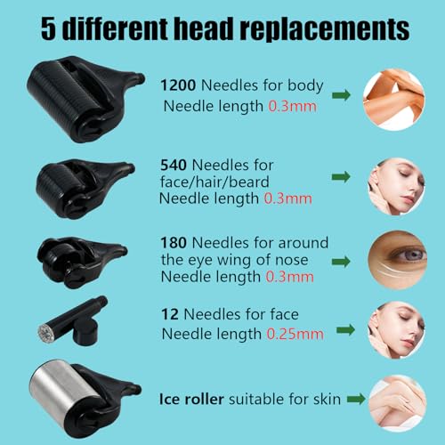 5 in 1 Derma Roller Kit with 0.3mm Microneedle Roller & Ice Roller for Face & Body/Beard & Hair, At-Home Beauty Tool Set