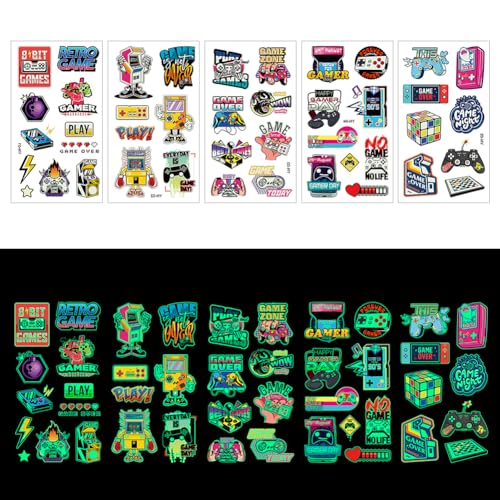 10 Sheet Gamer Stickers Glow in Dark Gaming Temporary Tattoos Video Game Gifts for Kids Classroom Rewards Gamer Birthday Party Supplies