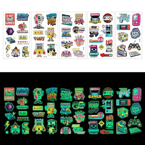 10 Sheet Gamer Stickers Glow in Dark Gaming Temporary Tattoos Video Game Gifts for Kids Classroom Rewards Gamer Birthday Party Supplies