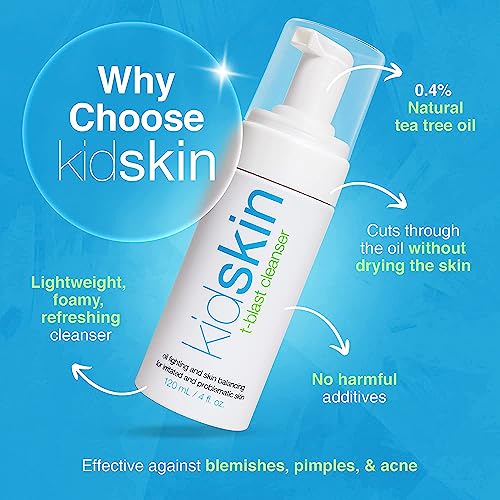 Kidskin T-Blast Facial Cleanser, Gentle Face Wash with Tea Tree Oil, Spot Skin Care for Kids and Teens, Non-Drying Natural Cleanser for Oily or Dry, Acne-Prone Skin, 150 ml 5.0 fl oz.