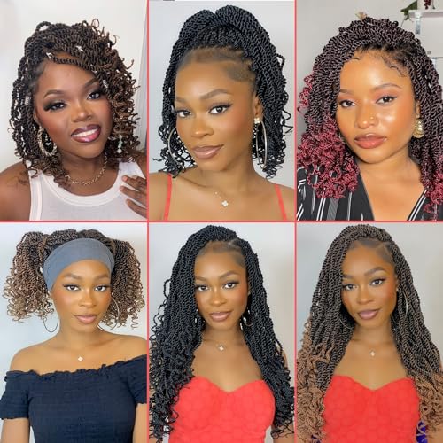 Leeven 18 Inch Senegalese Twist Crochet Hair with Curly Ends 8 Packs Ombre Blonde Brown Pre Looped Wavy Crochet Braids Small Hanava Twist 3 Tone Synthetic Braiding Hair for Women Girl Kids #1B/30/27