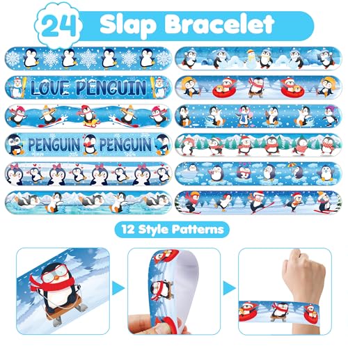 72PCS Penguin Party Favors | 48PCS Temporary Pre - cut Tattoos & 24PCS Slap Bracelets - Winter & Arctic-Themed Birthday Supplies, Baby Shower Gifts, Classroom Rewards & Party Decor for Kids