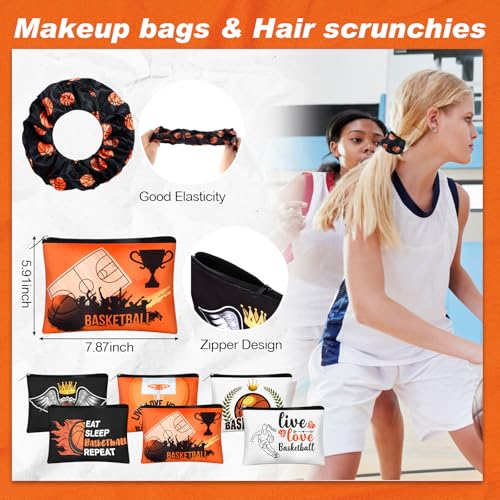 75 Pieces Basketball Team Gifts Set Includes 12 Pcs Makeup Bag 12 Ball Drawstring Bags 12 Hair Ties 12 Bracelets 12 Pcs Compact Mirror 12 Keychains(Orange Color,Basketball)