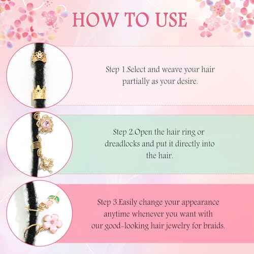 36PCS Pink Crystal Hair Jewelry Butterfly Braids Clips Flower Loc Jewelry Pearl Hair Charms Gold Hair Cuffs Rings Metal Dreadlock Beads Multi Style Braids Accessories for Women and Girls