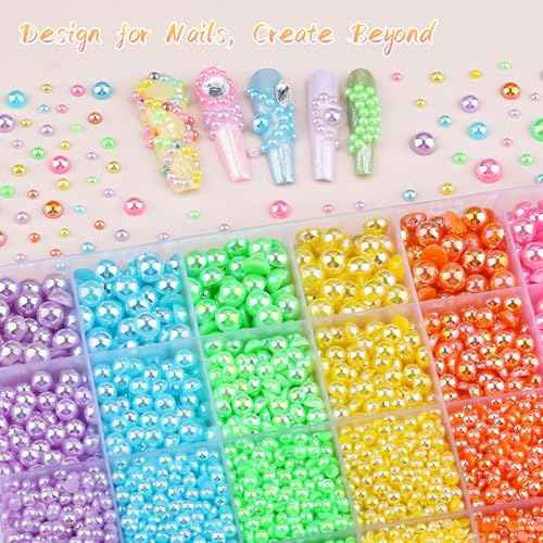 8500PCS Rainbow Flatback Pearls Set, 3/4/6/8mm Pink Purple Blue Half Round Pearls Bedazzling Bead with Tweezer and Pickup Pen for Nail Art Wedding Tumbler DIY Crafts