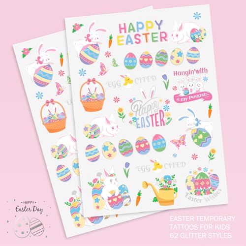 Easter Temporary Tattoos for Kids 62 Glitter Styles, Easter Stickers for Easter Candy & Egg Fillers, Bunny Party Favors, Basket Stuffers, Spring Crafts