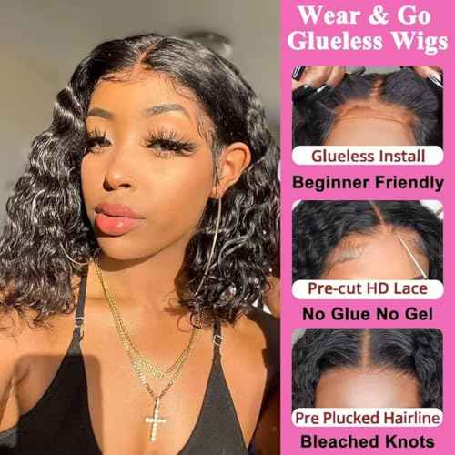 Wear And Go Glueless Wigs Human Hair Pre Plucked Pre Cut Short Curly Human Hair Wigs For Black Women 180% Density Water Wave Lace Front Wigs 4x4 Lace Closure Wig 12 Inch Natural Black