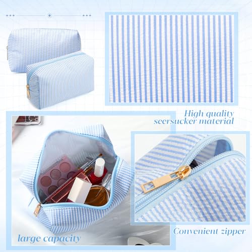 Light Blue Seersucker Cosmetic Bags 8 Pack with A-Z Chenille Letter Patches - Travel & Makeup Organizer