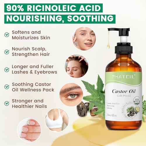 PHATOIL Organic Cold Pressed Castor Oil, 236ml/8fl.oz Glass Bottle with Pump Dispenser, USDA Certified Organic, Rich in Omega Fatty Acids, Ideal for Hair and Skin Care