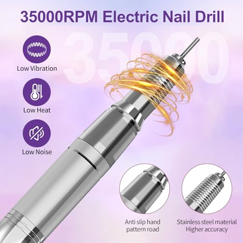 Nail Drill Professional Electric 35000RPM Nail Drill Kits Purple Portable Nail E File Machine with Bits & Base for Acrylic Gel Nail Polish Remover Cordless Rechargeable Nails Manicure for Salon Home