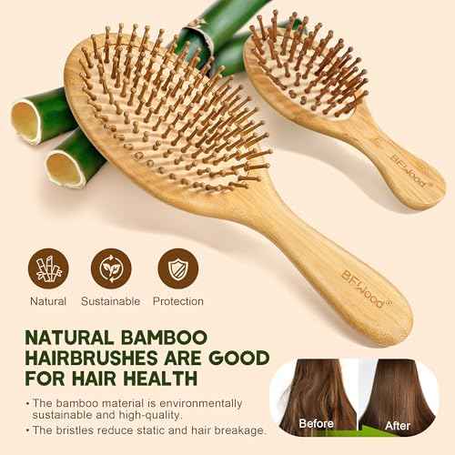 BFWood Bamboo Hair Brush Set, 4 PCS Natural Wooden Combs Paddle Detangling Hairbrush, Wide-tooth and Tail Comb and Mini Paddle Brush for Traveling, Suit for Women & Men