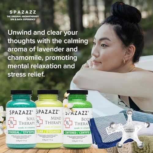 RX Therapy Spa and Hot Tub Aromatherapy Scented Relaxation Bath Salt Crystals - Mind Body and Soul Bundle Gift Set (19 Oz) Includes 5 Point Full Body Massage Tool & Hot Cold Towel (19OZ 3 Pack)