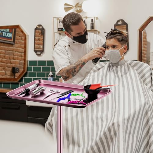 Salon Tray Cart Rolling Tray Spa Tray,Tattoo Tray Dental Tray Height Adjustable,Salon Tray on Wheels Premium Metal Rolling Trolley,Pink
