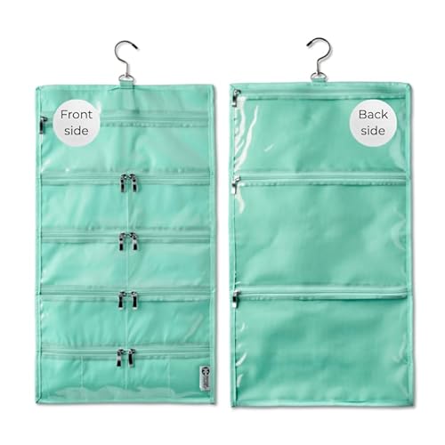 On-The-Go Organizer, 14 Clear Vinyl Pockets, Hanging Travel Case for Makeup and Accessories, 13.5 x 24 inches (Seafoam, Large)