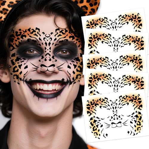 5 Sheets Metallic Gold Leopard Face Temporary Tattoos