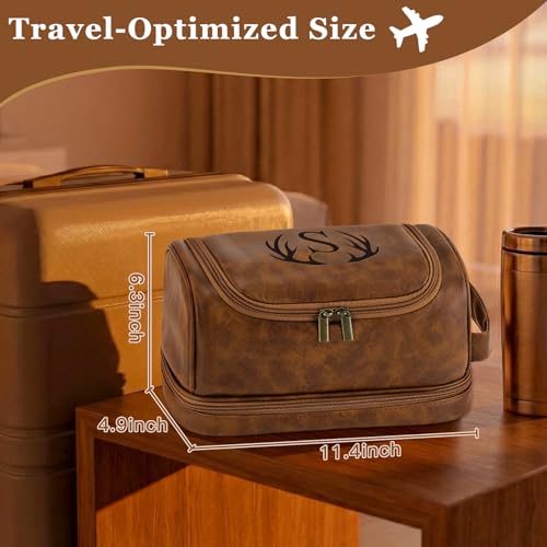 Personalized Gifts Travel Toiletry Bag for Men, Engraved Initial PU Leather Waterproof Shaving Bag, Groomsmen Present Christmas Birthday Gifts for Men Dad Husband Son Boyfriend (Light Brown P)