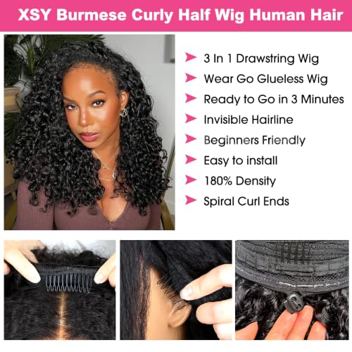 14-Inch Burmese Curly Half Wig Human Hair - 180% Density