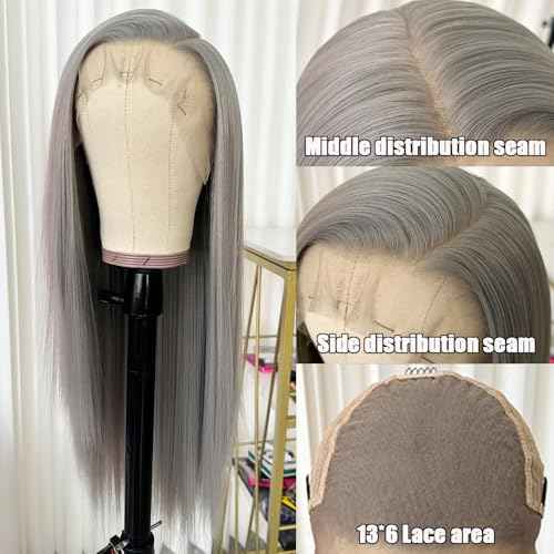Long Gray Synthetic Lace Front Wigs Glueless Pre Plucked Heat Resistant Fiber Hair Straight Lace Front Wigs for Black Women 13 * 6 Frontal Lace Wigs
