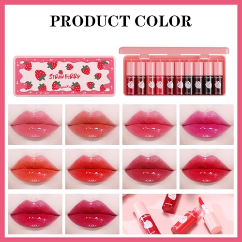 10 Pcs Lip Tint Set Cute Glossy Lip Stains and Matte Lipsticks with Long-lasting and Quick-drying Mini Lip Gloss Lipstick for Makeup Gift (Strawberry, Lip Gloss)
