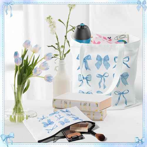 Y1tvei Blue Bows Canvas Bags - 2Pcs Cute Blue Coquette Aesthetic Tote Bag with Inner Pocket, Reusable Grocery Folding Shopping Bag, Bow Knot Zipper Makeup Pouch Gifts for Women Girls Daughter Mother