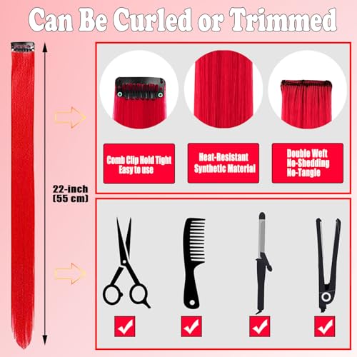 12 PCS Red Clip-in Hair Extensions 22 Inch Synthetic