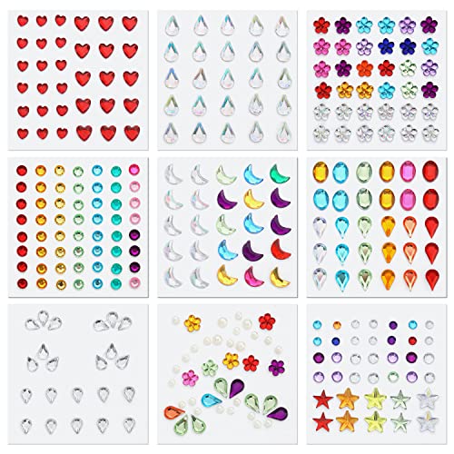 Festival Face Gems Stickers - 9 Sheets Self-Adhesive Rhinestones