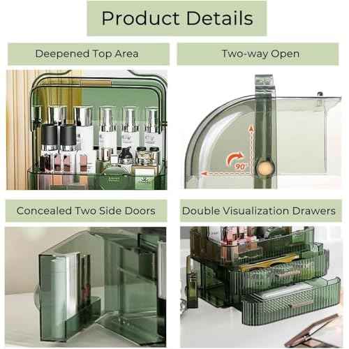 Makeup Organizer, Waterproof & Dustproof Cosmetic Display Cases with 2-Layer and Transparent Cover, Skincare Display Boxes,Makeup Caddy Holder for Vanity Countertop, Bathroom, Dresser, Bedroom, Green