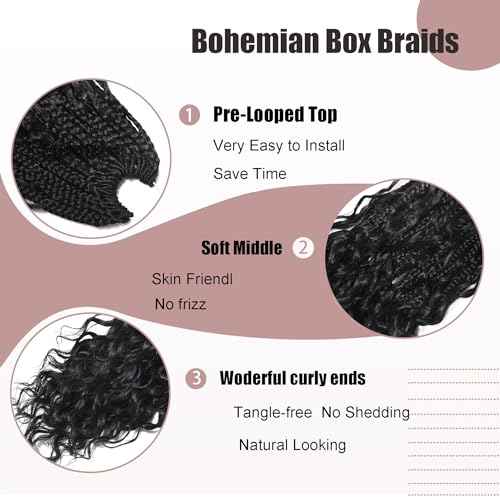 9 Packs Boho Box Braids Crochet Hair 14 Inch Pure Protein Fiber Similar to Human Hair Goddess Box Braids Crochet Hair With Curly Ends Pre Looped Bohemian Braid Hair Extension For Women(14 Inch, 1B)