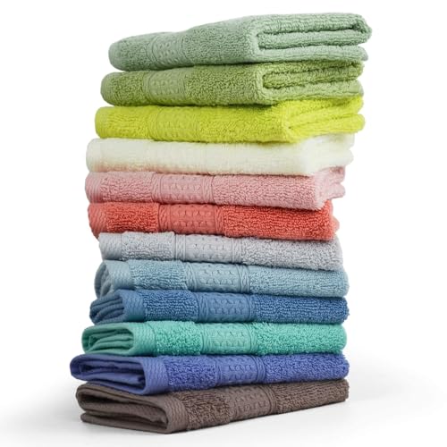 Cleanbear 100% Cotton Washcloths 12 Pack Bath Wash Cloths Facecloths, 13 by 13 Inches Large Bathroom Washcloth Set 12 Assorted Colors (Multi, 12)