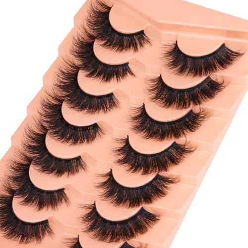 Kiromiro Mink Lashes False Eyelashes 18mm 3D Volume Cat Eye Lashes Faux Mink Eyelash Wispy Fake Eyelashes Thick Strips Lash Pack, 7 Pairs